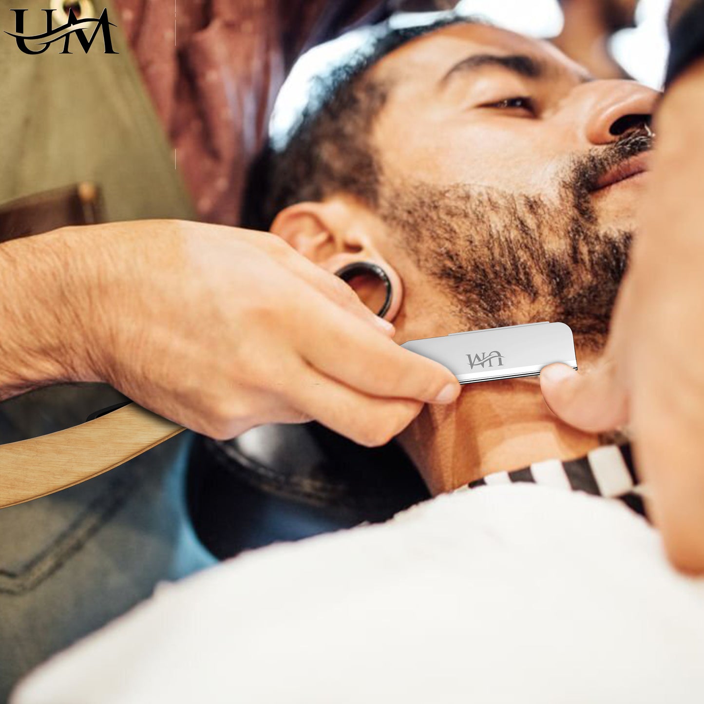 Straight Edge Razor with 100 Single Blades UM Supplies(Curved handle)