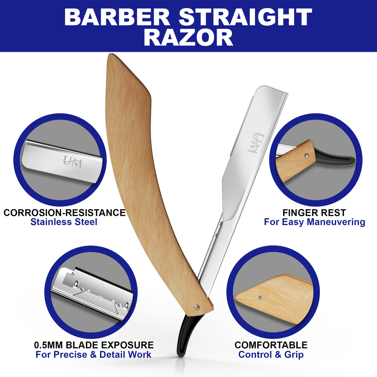 Curved Straight Edge Razor Straight Edge Razor with 100 Single Blades UM Supplies(Curved handle)