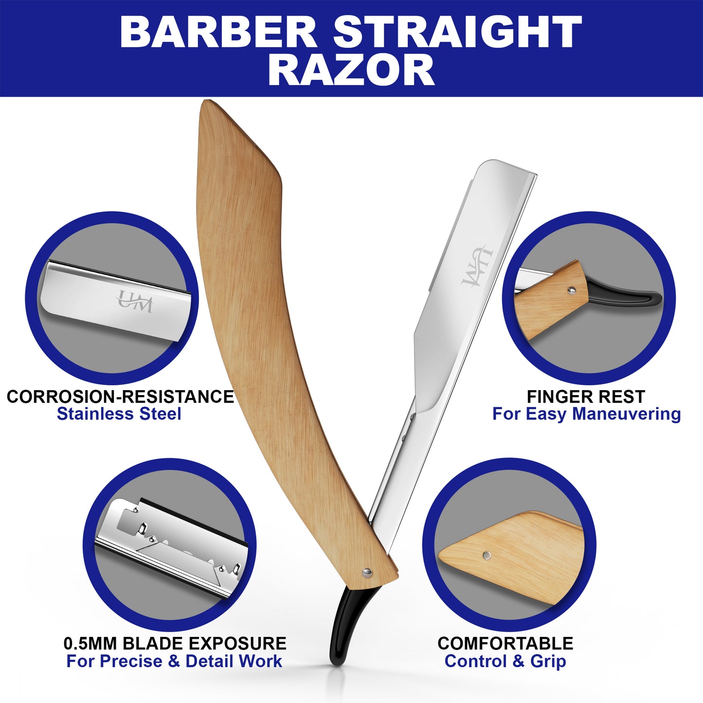 Straight Edge Razor with 100 Single Blades UM Supplies(Curved handle)