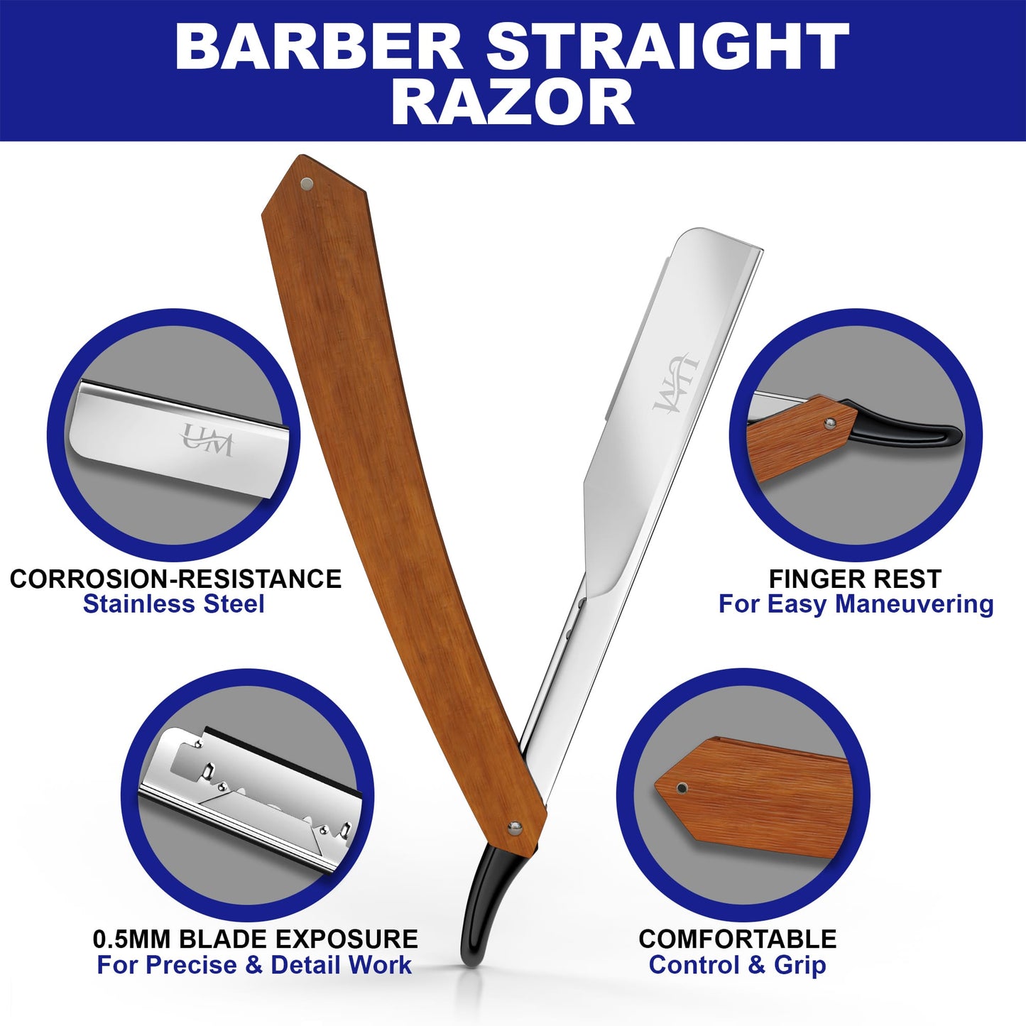 Straight Edge Razor with 100 Single Blades UM Supplies(Dark Wooden Straight Handle)